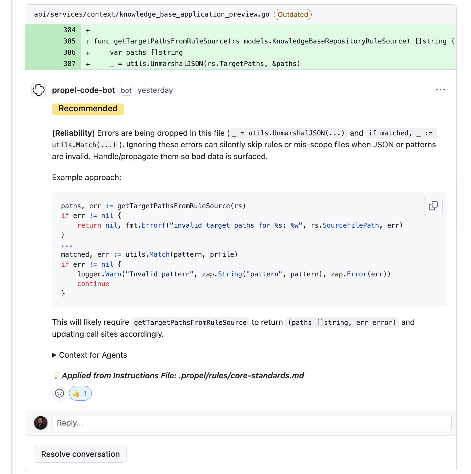 Screenshot of a Propel review comment with GitHub reactions.
